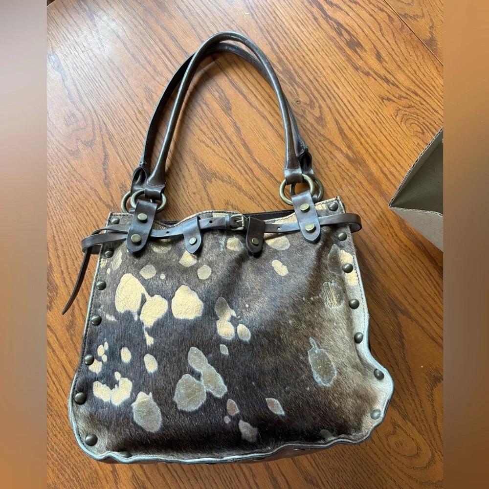Vintage Maurizio Tauti Leather Tote Bag with Brown and Cream Haircalf Pattern - Picture 1 of 10
